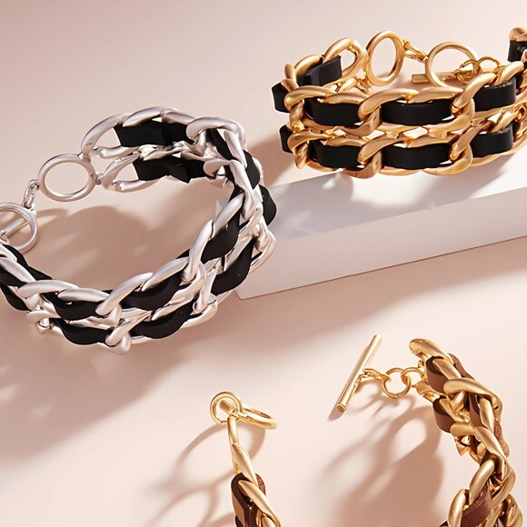 WHBM Black Leather Gold Toggle 2-Layer Bracelet Earrings Designer Inspo NEW - Picture 3 of 7